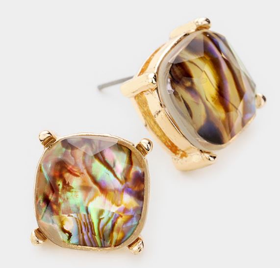 Abalone Square Stone Stud Earrings - Gold
