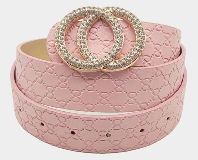 Rhinestone Double Open Circle Link Buckle Accented Faux Leather Belt  - Pink