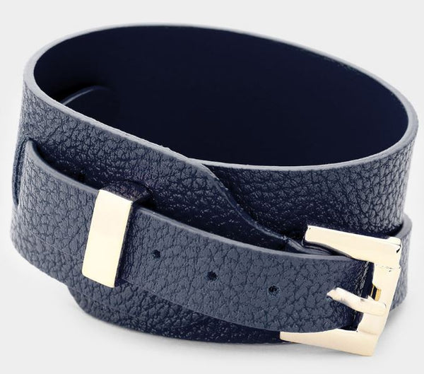 Faux Leather Belt Buckle Wrap Bracelet -  Navy