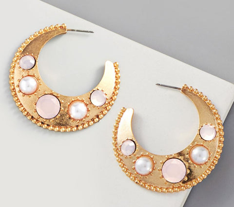 Pearl Bead Embellished Metal Hoop Earrings -  Pink