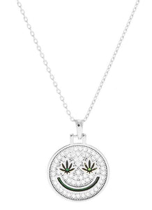 Hemp Leaf Pointed CZ Smile Pendant Necklace - White Gold Dipped