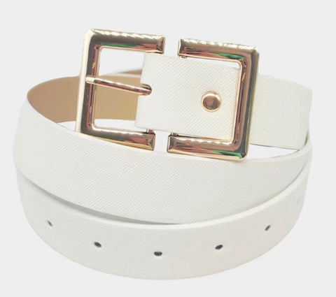 Metal Open Rectangle Buckle Faux Leather Belt - White