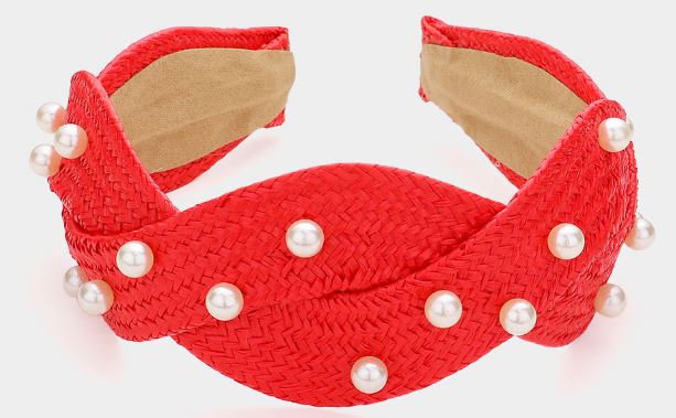Pearl Embellished Braided Straw Headband - Red