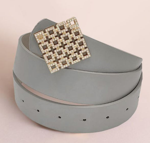 Rhinestone Embellished Square Cluster Buckle Faux Leather Belt - Gray