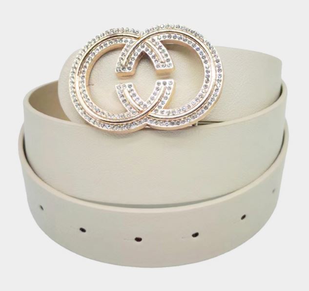 Rhinestone Embellished Buckle Accented Faux Leather Belt - Neutral