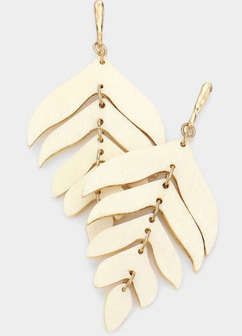 Wood Leaf Dangle Earrings - Ivory