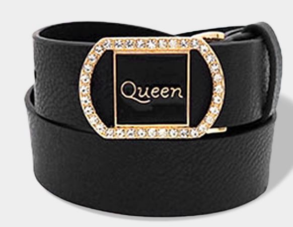 "Queen"  Message Accented Faux Leather Belt -  Black