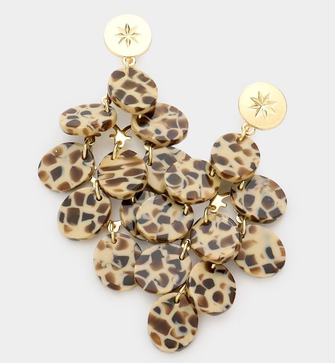 Leopard Patterned Resin Oval Cluster Vine Link Dangle Earrings