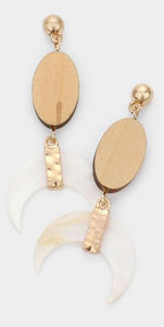 Oval Wood Mother Of Pearl Crescent Dangle Earrings - Ivory