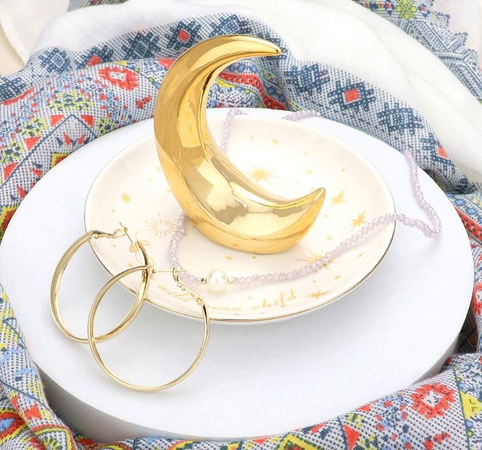 Moon North Star Patterned Crescent Ring Holder Jewelry Dish - Gold