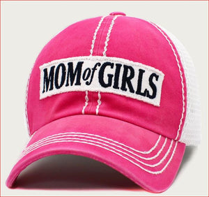 "MOM OF GIRLS" -  Message Mesh Back Baseball Cap -  Pink