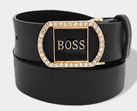 "Boss"  Message Accented Faux Leather Belt -  Black