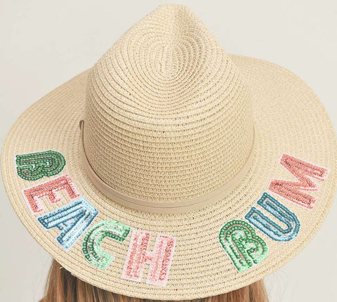 "Beach Bum"   Sequin Message Straw Panama Sun Hat - Beige