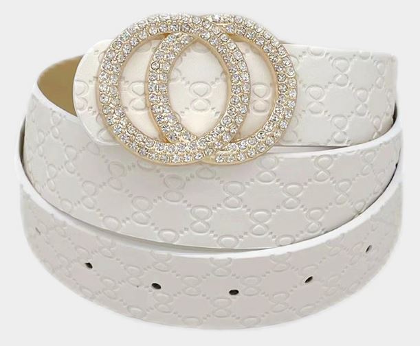 Rhinestone Double Open Circle Link Buckle Accented Faux Leather Belt - White