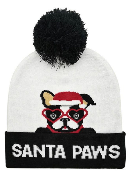 "Santa Paws"  Message Bulldog Pom Pom Beanie Hat - Black