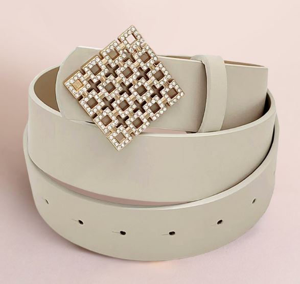 Rhinestone Embellished Square Cluster Buckle Faux Leather Belt - Neutral