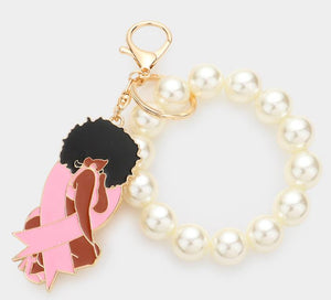 Pink Ribbon Afro Girl Pearl Stretch Keychain / Bracelet -  Gold