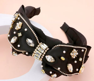 Pearl Stone Embellished Bow Headband - Black
