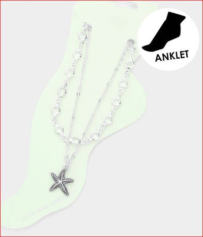 Metal Starfish Charm Round Bead Link Double Layered Anklet -  Clear