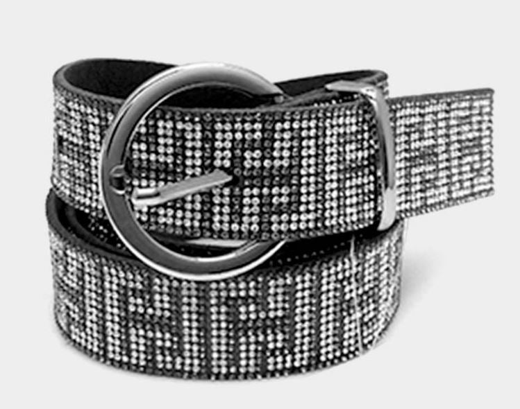 Bling Patterned Belt - Black, Rhodium