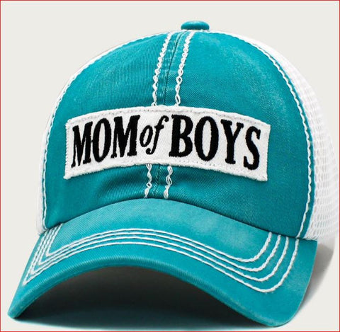 "MOM OF BOYS" -  Message Mesh Back Baseball Cap - Turqouise