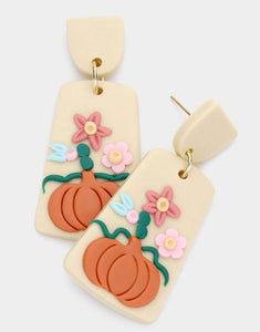 Flower Pumpkin Accented Polymer Clay Dangle Earrings -  Beige