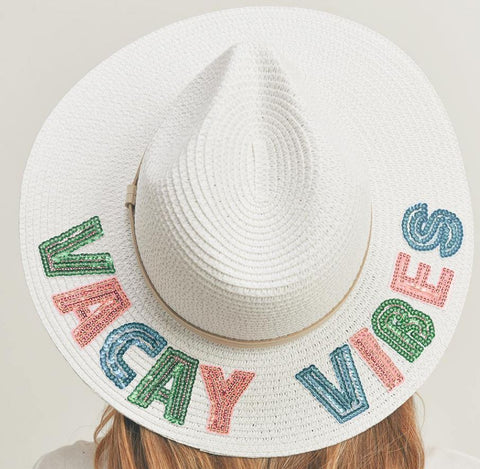 "Vacay Vibes"   Sequin Message Straw Panama Sun Hat - White