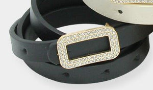 Stone Embellished Open Rectangle Buckle Faux Leather Belts - Black